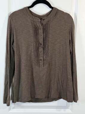 Gap Women's Brown Pintuck Pleated Bib Long Sleeve Henley Top Size M